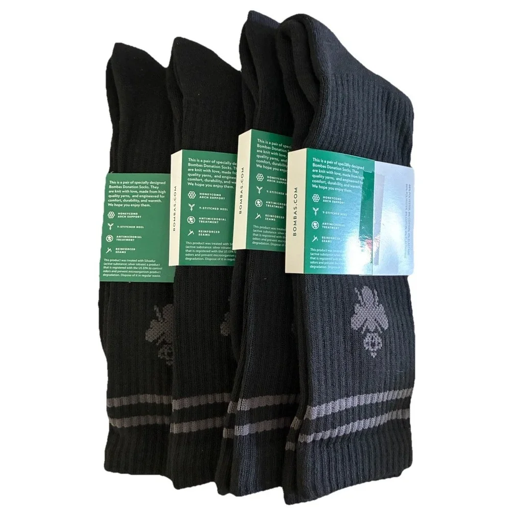 BOMBAS Socks Men's XL Black Gray Stripe‎ Calf Logo (US 13.5-16) NEW Lot Of 4